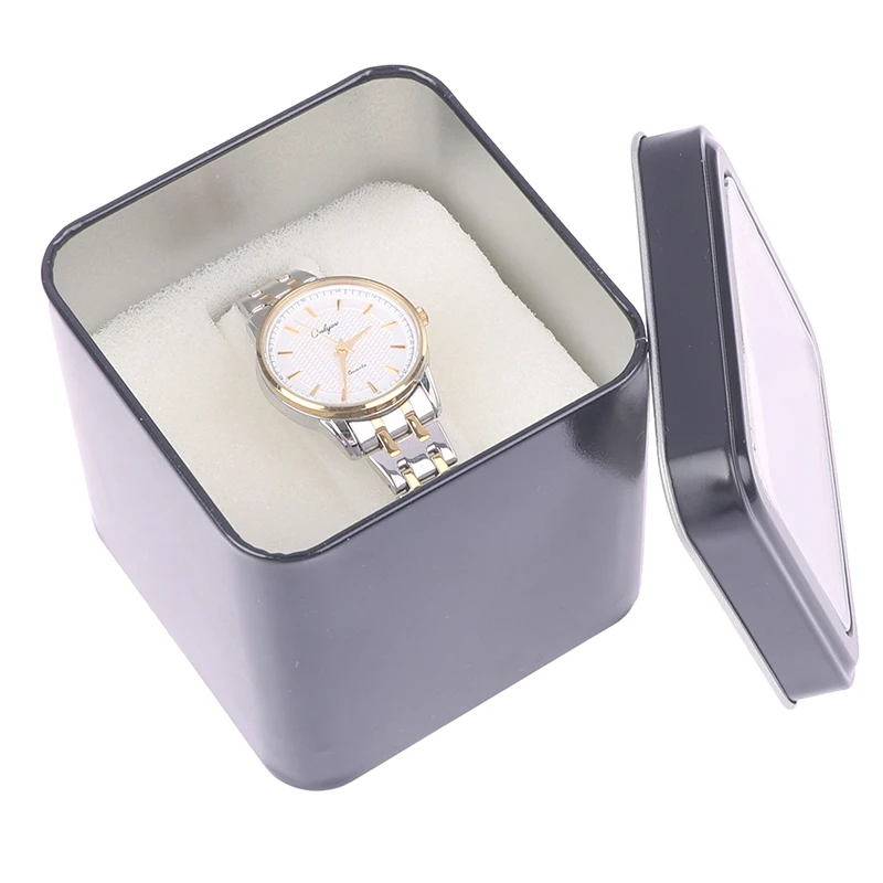 8CM Square Black Watch Organizer Box Show Holder Tinplate Can Metal Sealed Jewelry Gift Box Display Case With Cushion