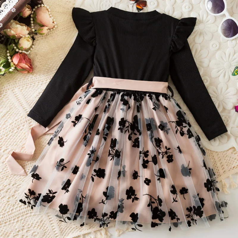 Girls Dress European and American Spring New Rose Long Sleeved Mesh Princess Dress Elegant and Casual Fashion Temperament