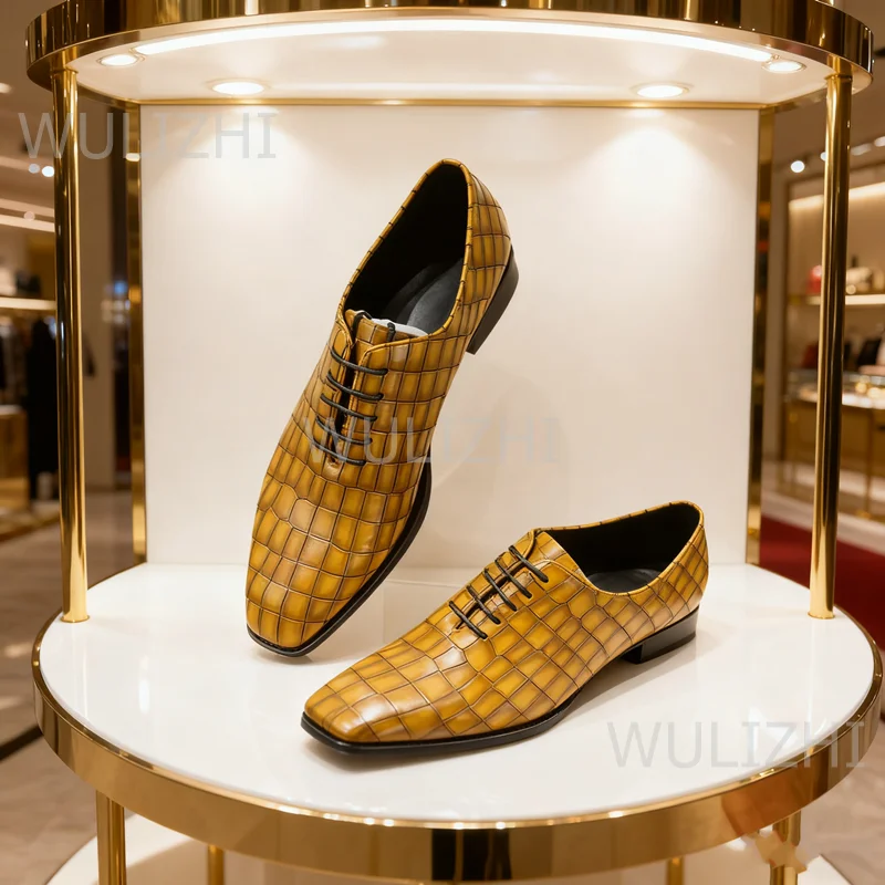 

Plaid Brown Men's Loafers Black Leather Lace-Up Oxfords Business Work Flat Round Toe Casual Patterned Fashion Party Shoe