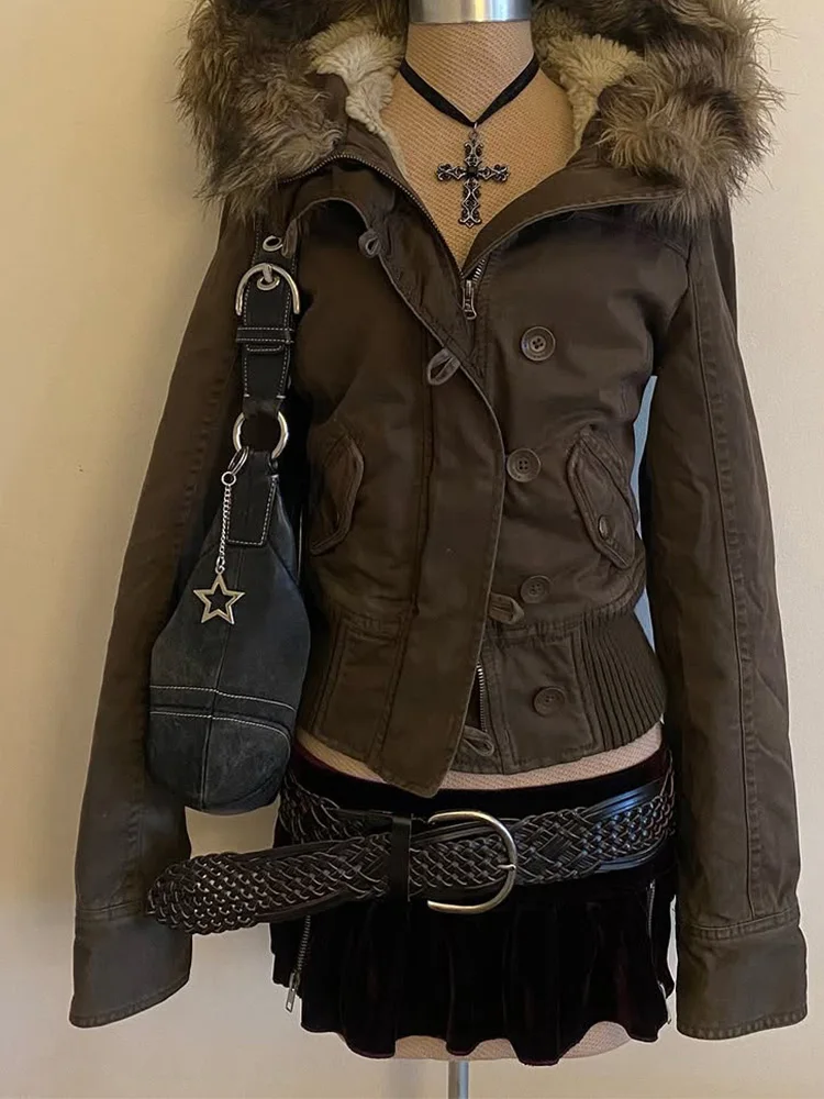 2026 Vintage sle coat can accommodate brown fce lining jaet women's slim and fur button button details long sve zipper