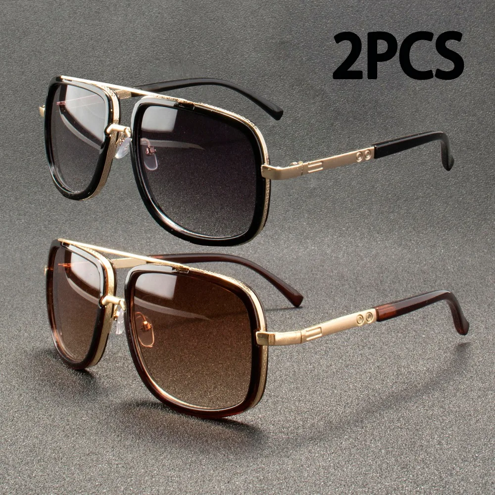 2 pçs moda grande quadro óculos de sol dos homens quadrado metal óculos de sol feminino retro vintage alta qualidade gafas oculos de sol