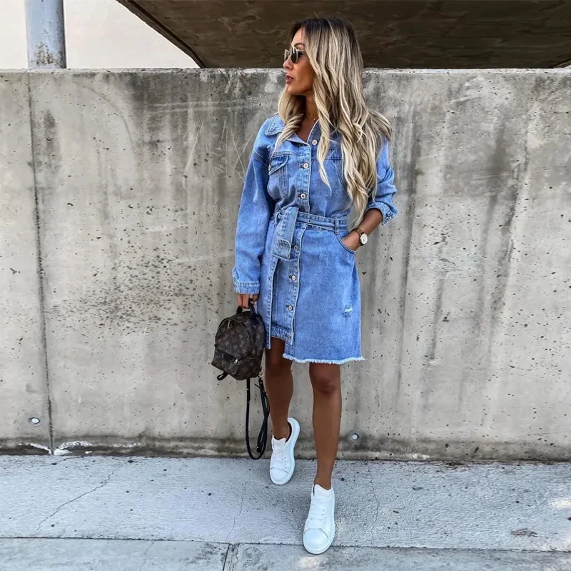 Women\'s Long Sleeved Asymmetric Denim Dress, Single Breasted Belt Pocket, Sexy Slim Fit Dress