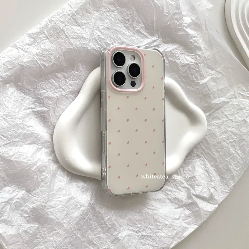 Korean Ins Minimalist Cute Cream White Pink Polka Dots Phone Case For iPhone 17 16 15 14 13 12 11 Pro MAX Plus 17air 16e Cover