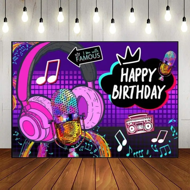 

Musical Note Photography Party Backdrop Wall Neon Happy Birthday Dynamic Tik Pop Music Theme Custom Boy Girl Photo Melody Banner