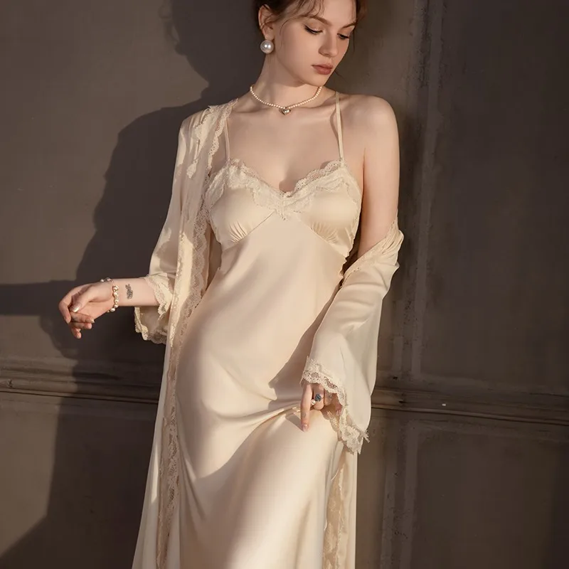Two Piece Set Sexy Long Mulberry Silk Pajamas Women Chest Pads Suspenders Elegant Nightgown Solid Suspender Luxury Sleepwear XL