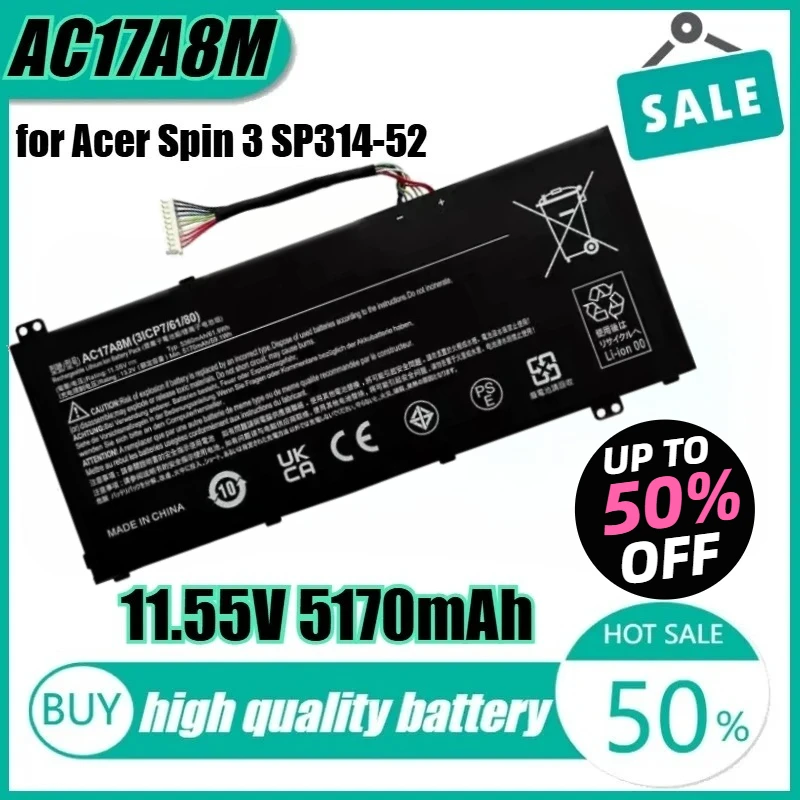 

Новый высококачественный аккумулятор для ноутбука 11,55 В 59,1 Втч 5170 мАч AC17A8M для Acer Spin 3 SP314-52 TravelMate X3410-MG X3410-M