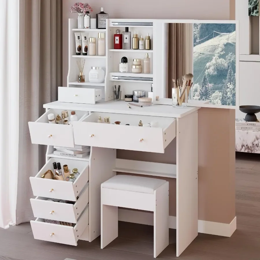 37in Left Drawer Vanity Desk with Mirror, Girls Makeup Vanity Set, A179