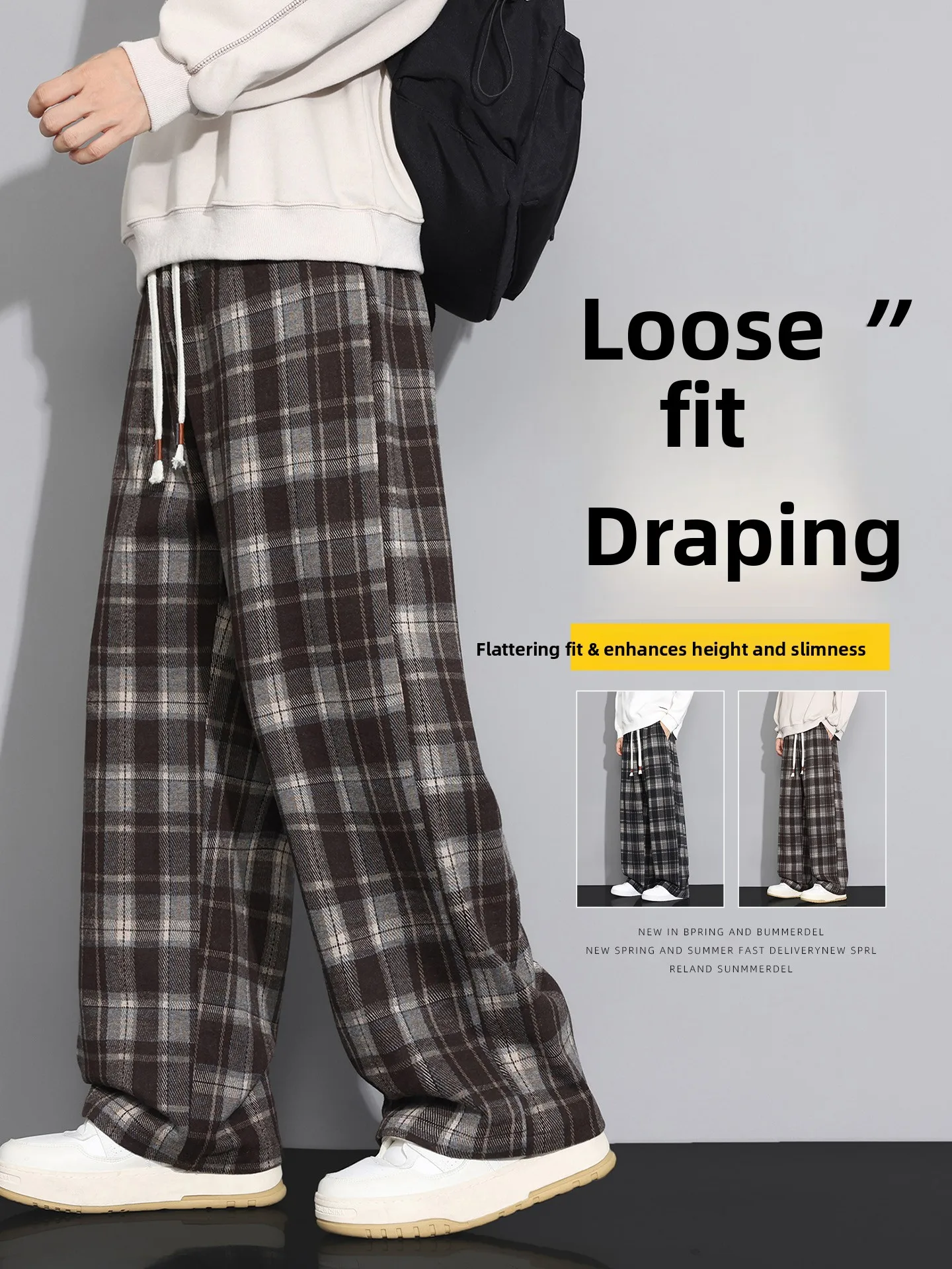 

TUCANO Men's Casual Plaid Loose Wide Leg Pants Retro Sle Spring Autumn New Faion Straight Cut Teenagers Long Trousers