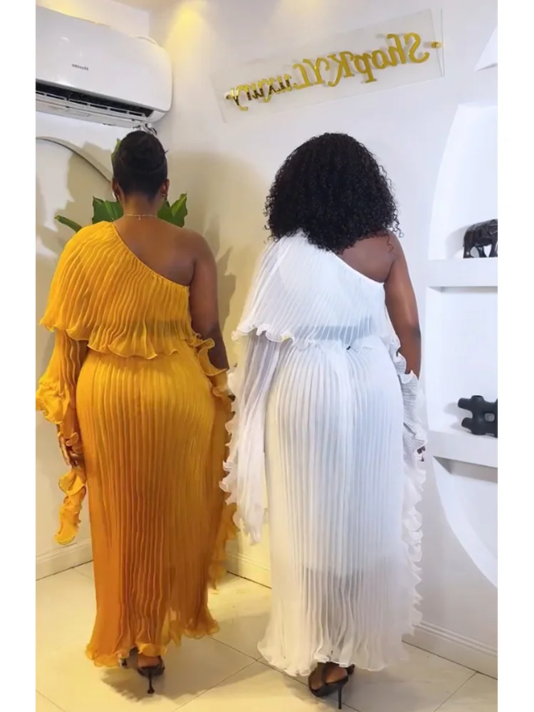 ANLAN مطوي طيات فستان سهرة الراقية مائل الكتف مأدبة حفلة المرأة فساتين طويلة تكدرت الألواح ‌   تصميم مقسم