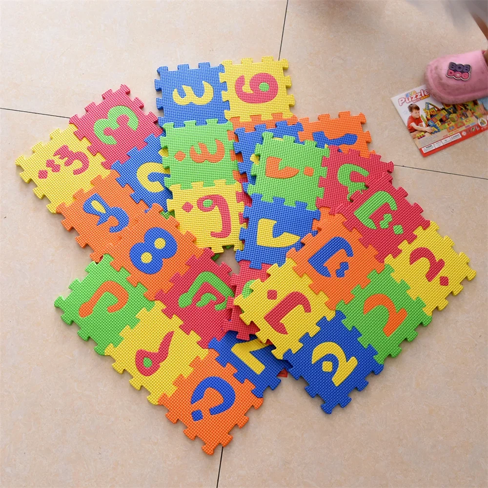 Arabische Kinderschaum-Spielmatte, 14 x 14 cm, ineinandergreifende Alphabet-Zahlen, Bodenpuzzles, bunte EVA-Fliesen, Mädchen und Jungen, weich, wiederverwendbar