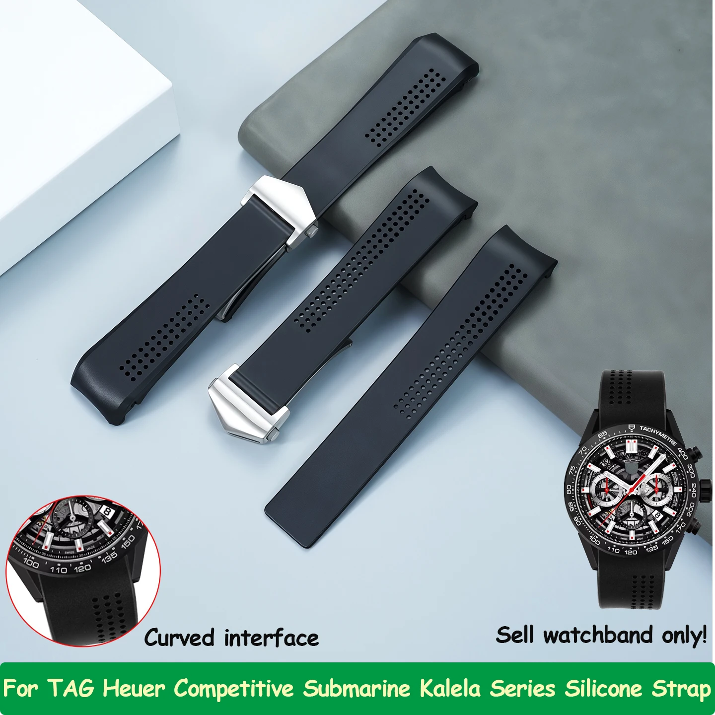 20 22mm Curved End Silicone Watchband Classic Black Folding Clasp Strap Fit For TAG Heue Carrera Calibre Watch  Rubber bracelet