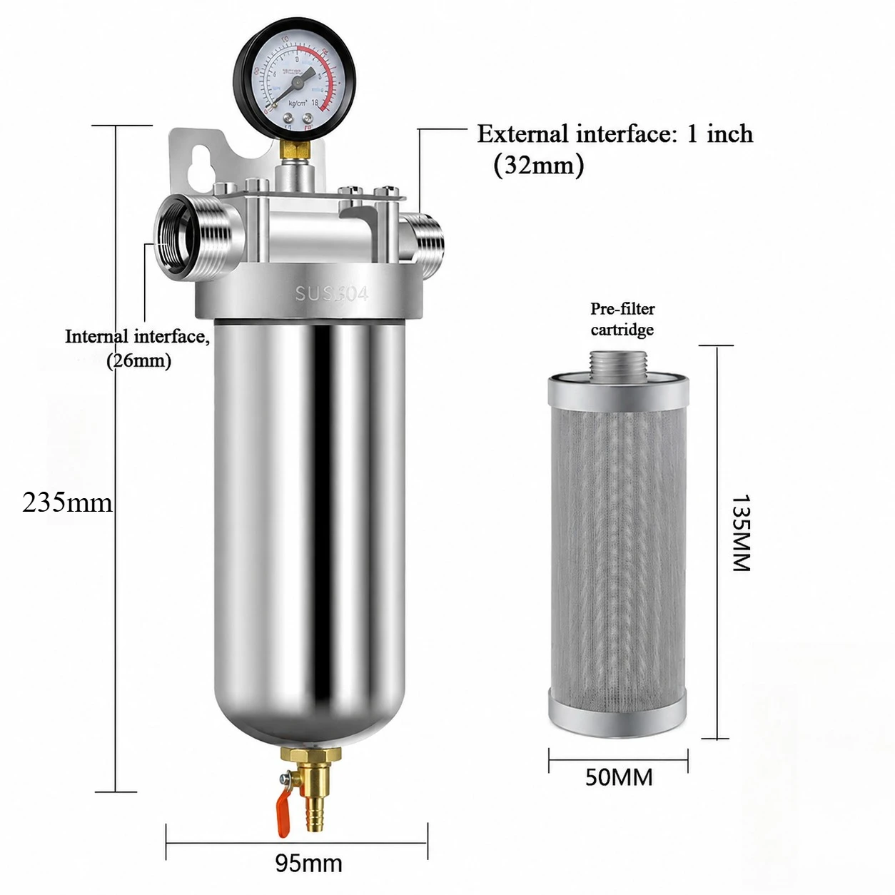 Whole House Pre Filter for Tap & Well Water, 304 Stainless Steel High Flow Backwashing Household Water Purifier