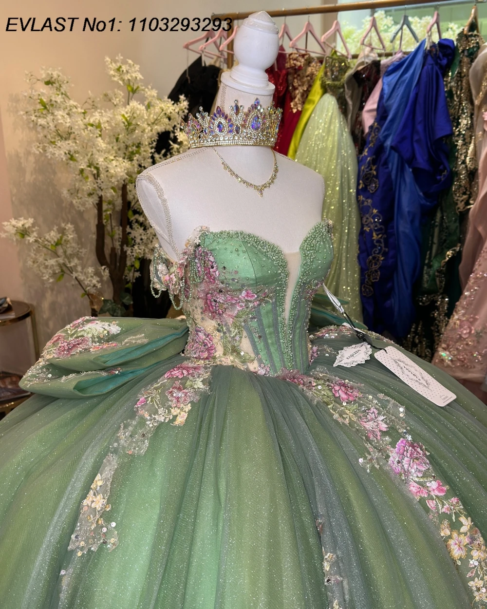 EVLAST Customized Princess Sage Green Quinceanera Dress Ball Gown Lace Applique Beading Bow Sweet 16 Vestidos De 15 Anos E1QN405 image 3