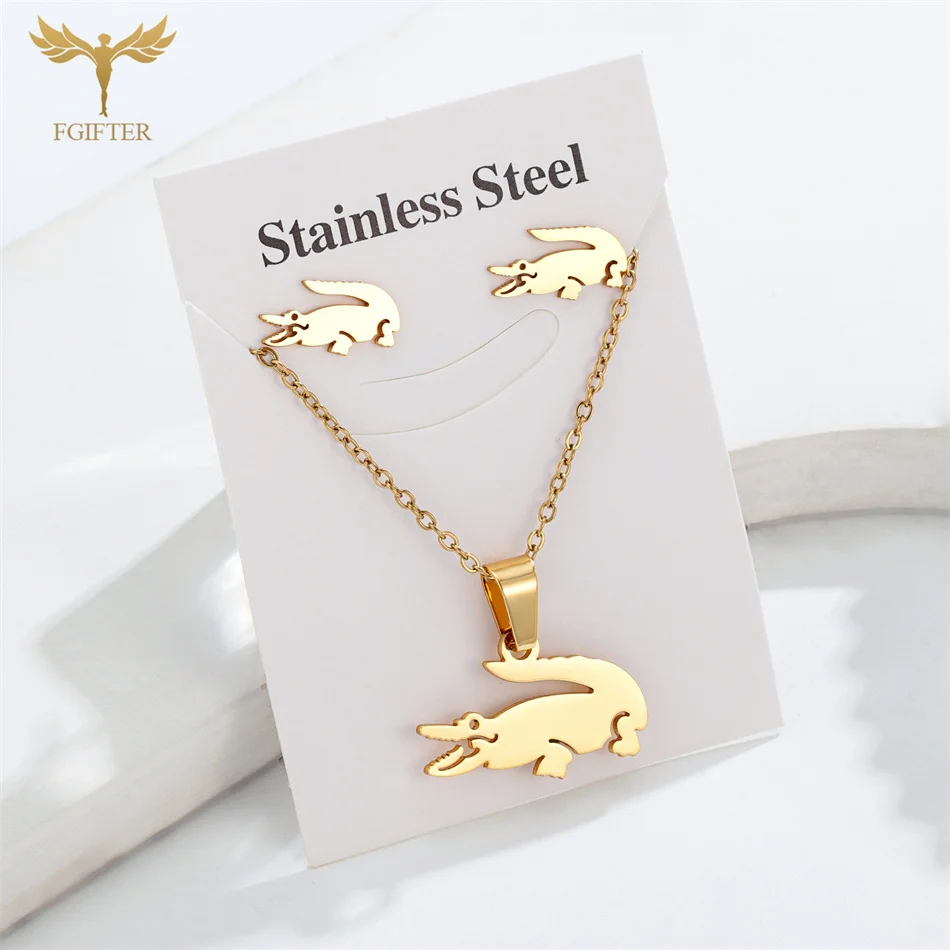 Fgift Gold Plated Sainless Steel Jewelry Sets For Women Crocodile Pendant Chain Necklace Stud Earrings Animal Design Party Gifts