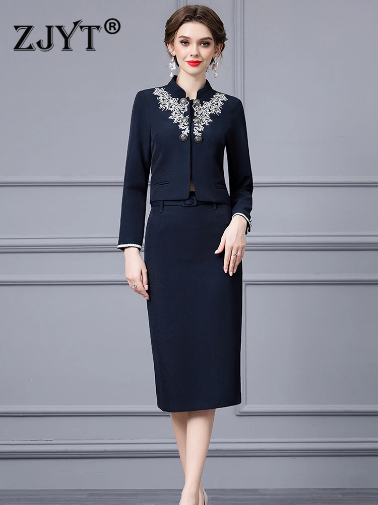 

ZJYT Office Lady Embroidery Blazer Suit Skirt 2 Piece Dress Sets Women Outfit Elegant Autumn Fashion Conjuntos De Falda Vestidos