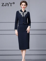 ZJYT Office Lady Embroidery Blazer Suit Skirt 2 Piece Dress Sets Women Outfit Elegant Autumn Fashion Conjuntos De Falda Vestidos