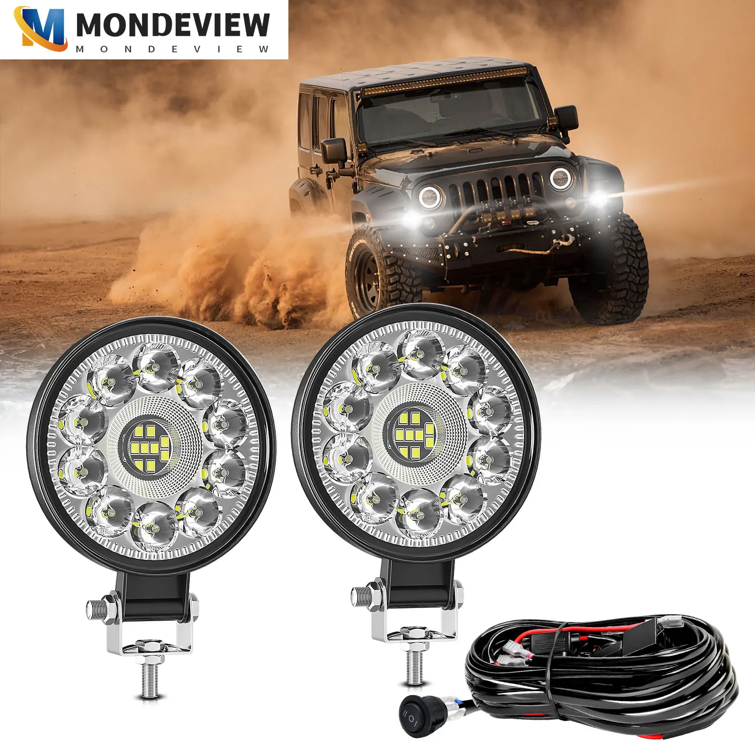 

MONDEVIEW E21 3-inch Round Work Light Square LED Work Light Off Road Spotlight 30V Jeep Truck Motorcycle SUV ATV Running Light