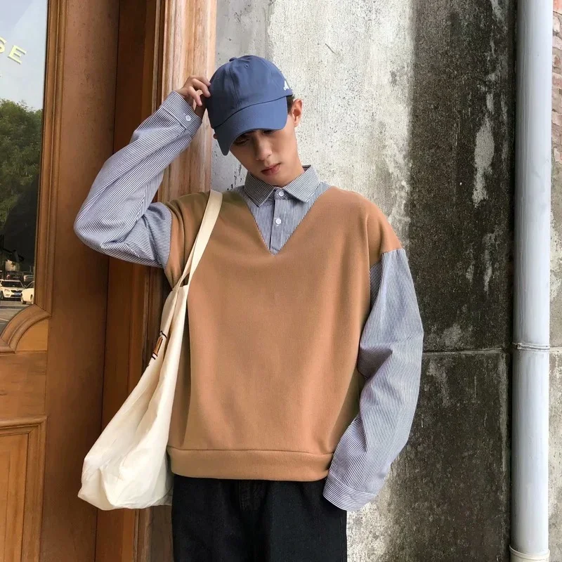 Jerséis de diseño para hombre, moda Preppy, Popular, universitario, dinámico, holgado, informal, falso, de dos piezas, Ulzzang, ropa masculina para adolescentes, Ins japonés