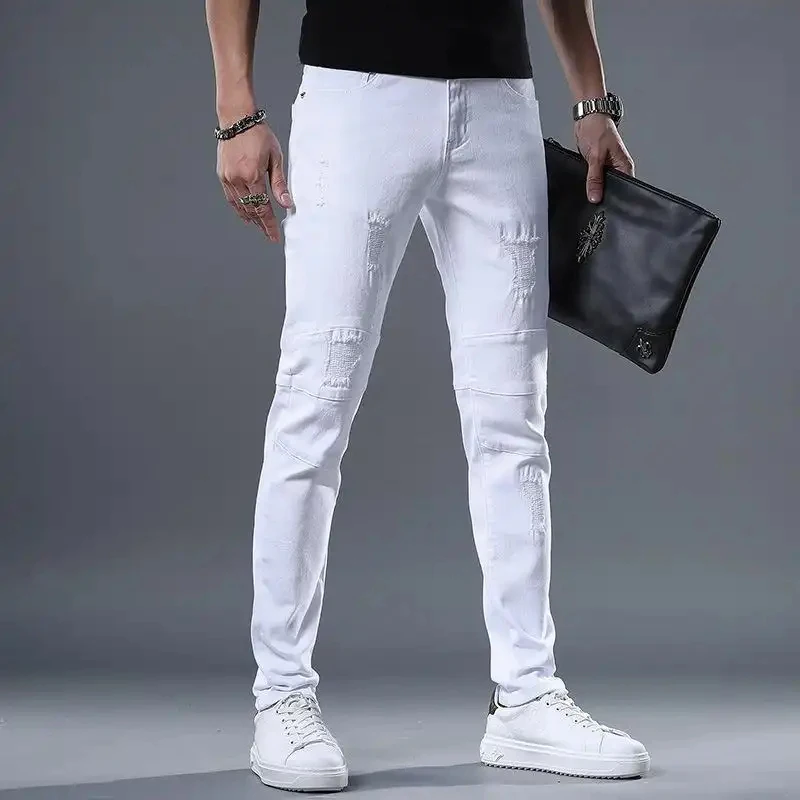 

2026 Summer White Slim Fit Jeans for Men Stylish Handsome Stretch Denim Fashion Streetwear Personality American Style Casual Men
