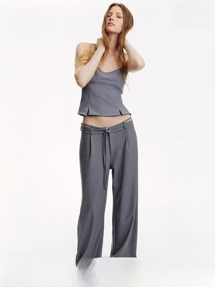 

H&M Fashionable Summer Women's Suit Pants with Belt Elegant Formal Trousers Simple Style Polyester Viscose Spandex Blend