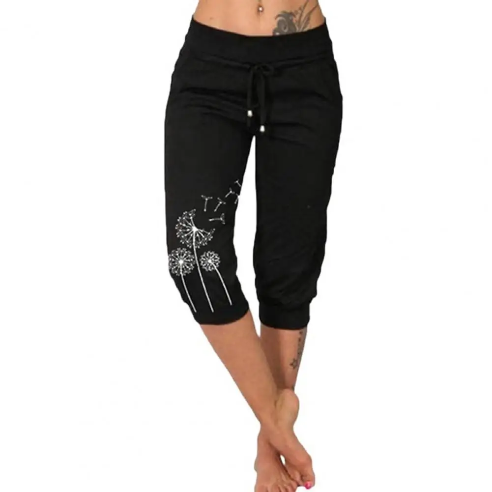 Summer Women Cropped Pants Drawstring Waist Harem Pants with Pocket Dandelion Print Casual Sporty Women Trousers