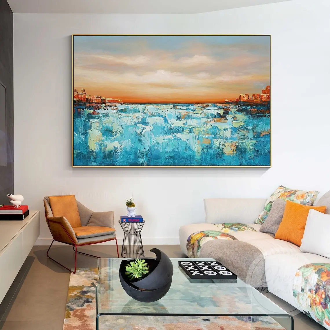 Sunset Coast Abstract Painting Orange Sky Light Blue Sea Wall Art Hand Painted Oil Painting On Canvas Large Acrylic Room Decor