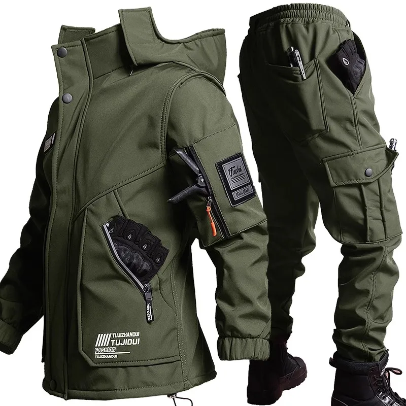 Winter Outdoor Mens Combat Sets Thicken Windproof Warm Tactical 2-pcs Fleece Multi Pocket Hooded Jacket+Cargo Pants Charge Suits