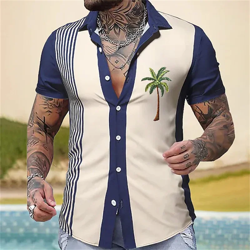 Summer Hawaiian Shirt Striped Shirt Coconut Tree Loose Casual Shirt Men\'s Beach Lapel Single Buckle Short-sleeved Fashion Clothe