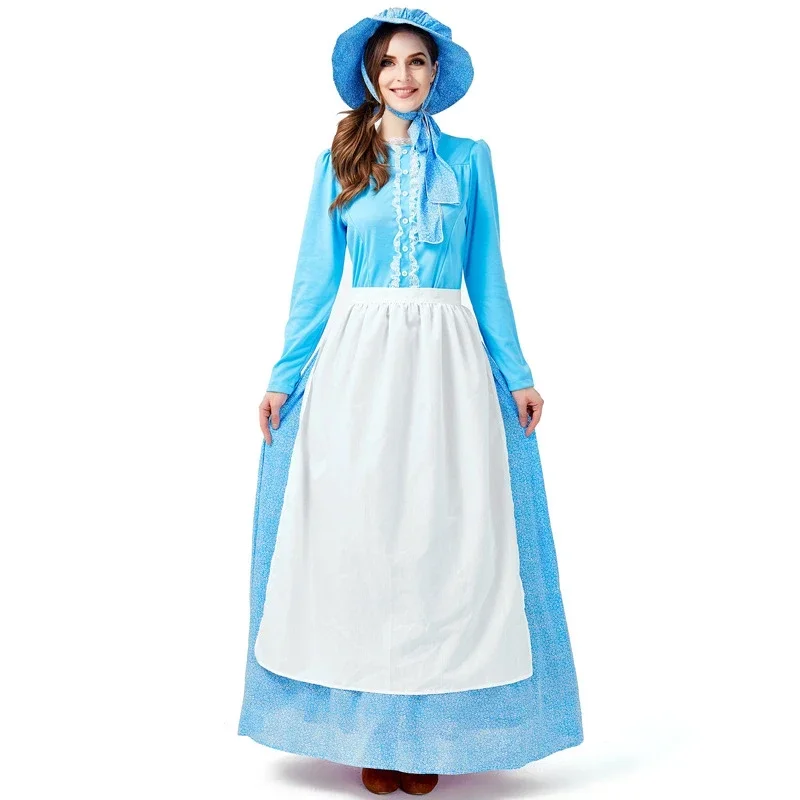 Miss Pioneer Costume Colonial Prairie Maid Halloween Women Adult Fancy Dress With Bonnet Apron Sets