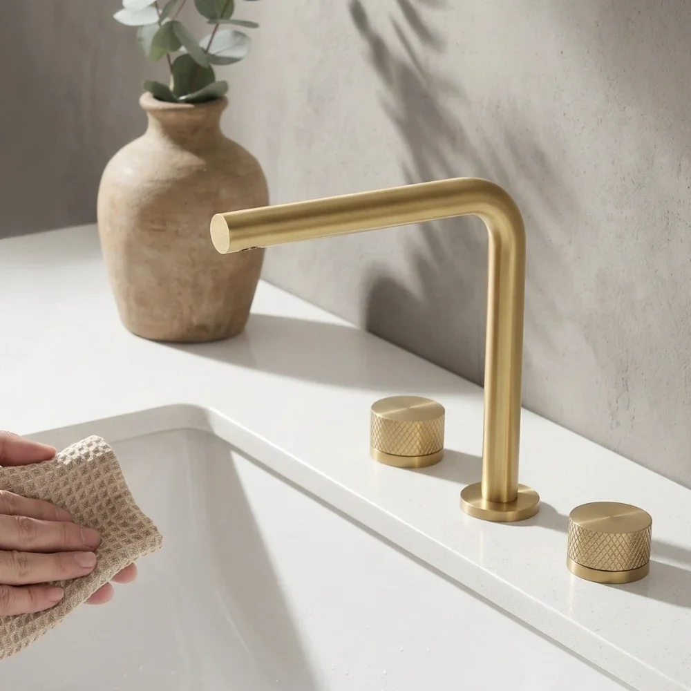 Brushed Gold Brass Split Type Basin Faucet Cold Hot Water Rotatable Bathroom Vanity Sink Tap