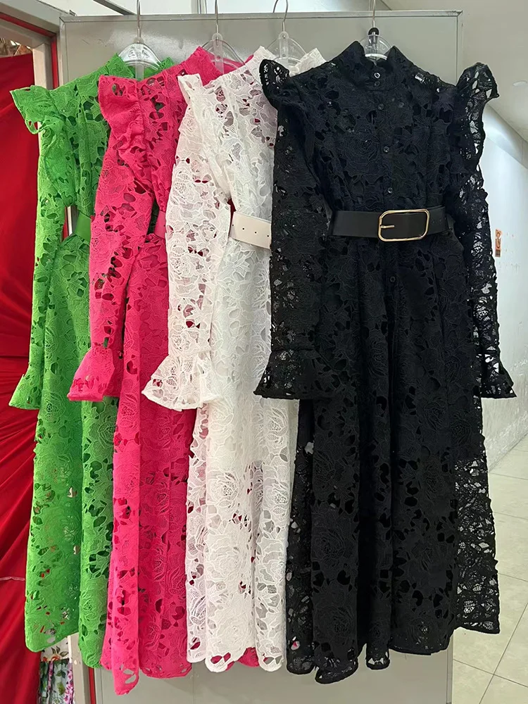 SP Water Soluble Lace Dress with Belt for Girl, Colorful skirt, Hollow Out, women, Celebrity Style, Spring, lady