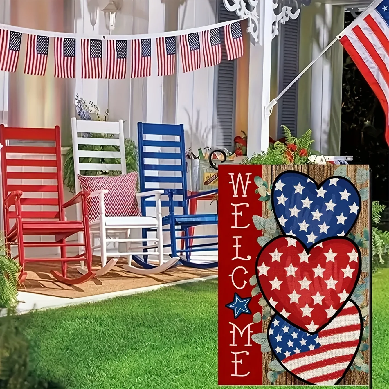 Welcome America 4th of July Garden Flag Double Sided USA Memorial Day Independence Day Patriotic Hearts Star Yard Flag