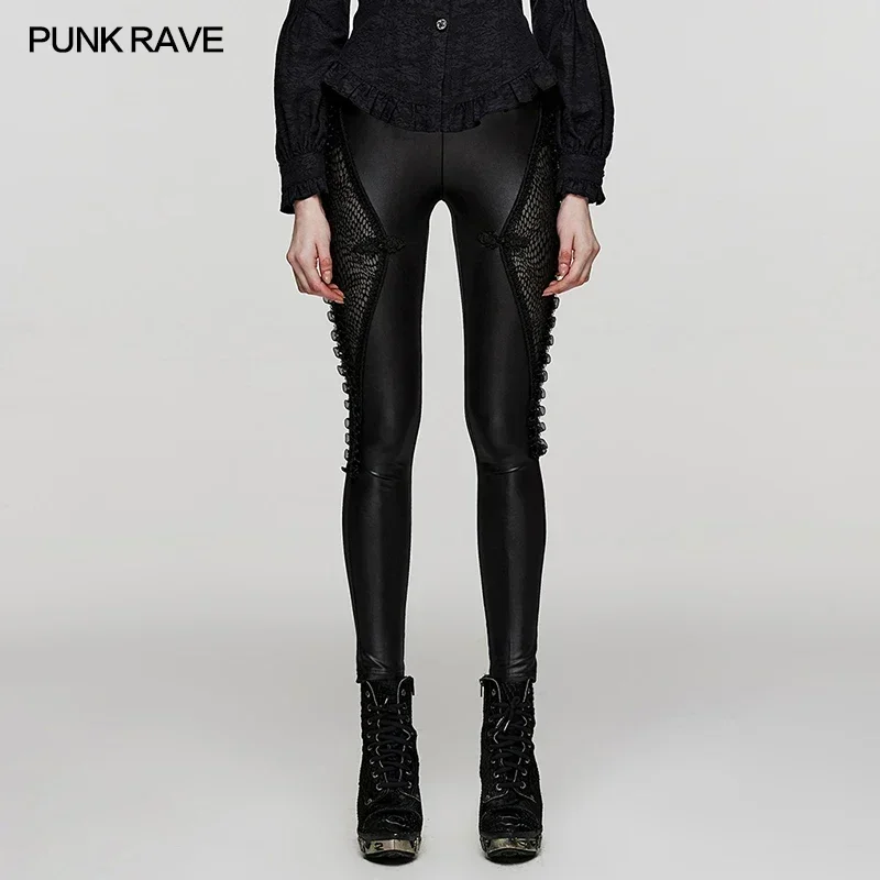 PUNK RAVE Women's Gothic Knit Fabric and Mesh Leggings Punk Symmetrical Segmentation Design Lace Decoration Streetwear