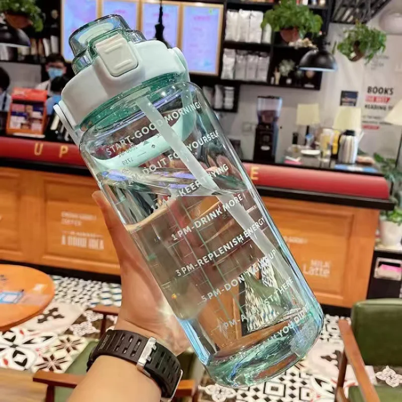 

2 Liter Water Bottle with Straw Female Jug Girls Portable Travel Bottles Fitness Bike Cup Summer Cold Water Jug with Time Marker