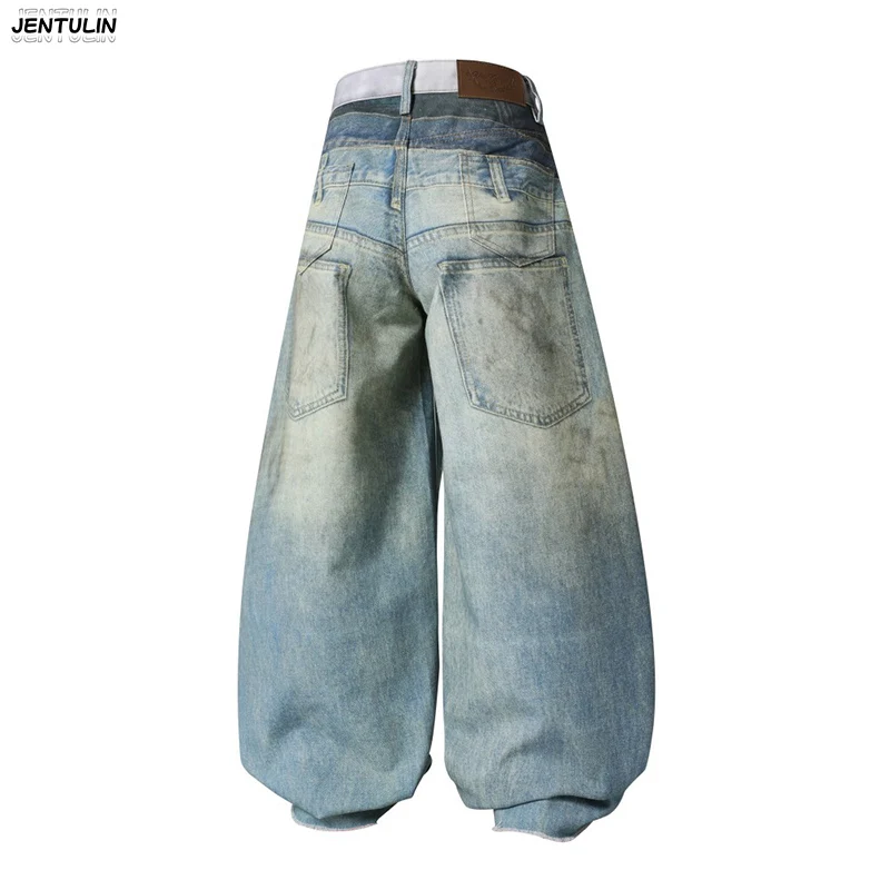 Streetwear Wasteland Style Vintage Yellowed Jeans Men's Harajuku Loose Fit Digital Printing Fake Damage Wide Leg Pants Unisex