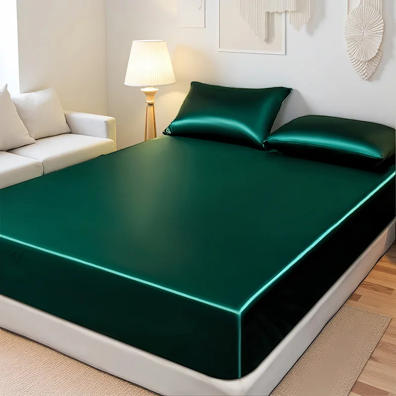 1PC Solid Color Fitted Sheet Satin Mattress Cover Elastic Band Bed Sheet King Twin Full Queen King Size No Pillowcase Beddings