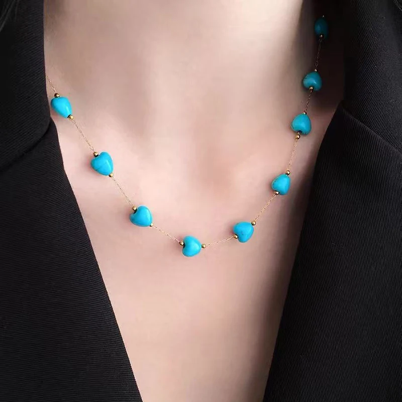 Retro Türkis Herzförmige Edelstahl-Halskette in Goldfarbe für Damen, Sexy Choker Schlüsselbein-Kette Schmuck-Accessoire – Detail 11