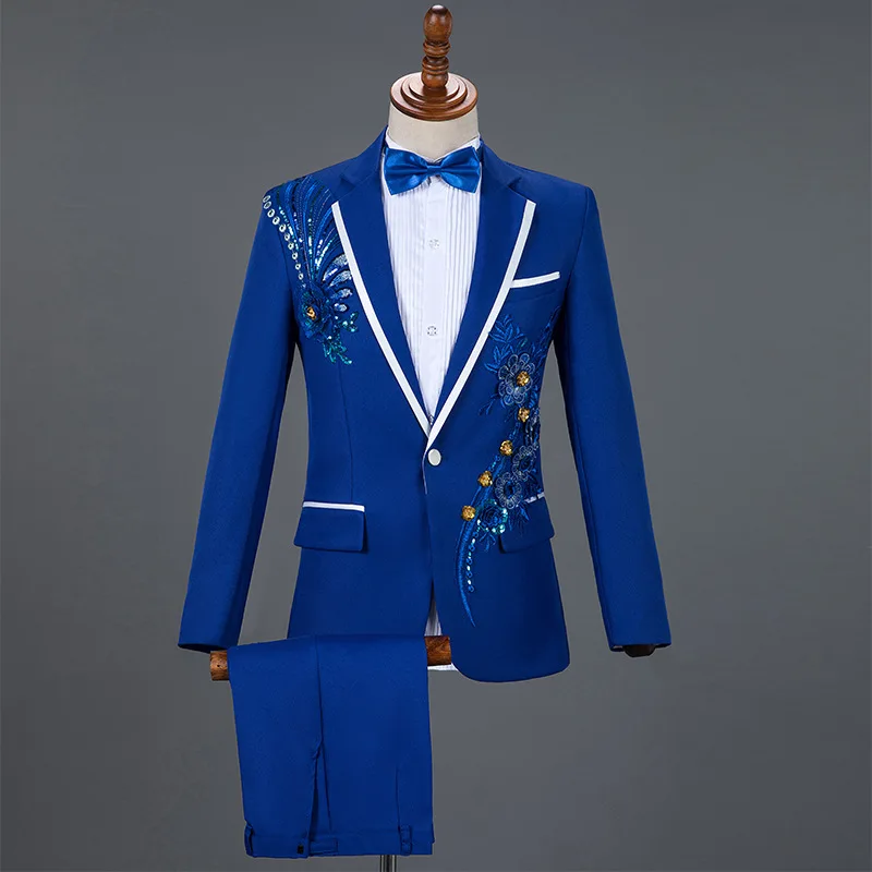 

KIDWHXR Man 2-piece Outfit Flower Embroidery Single-breasted Blazer Male Straight-leg Pant Men Slim Stage Wedding Suit Set