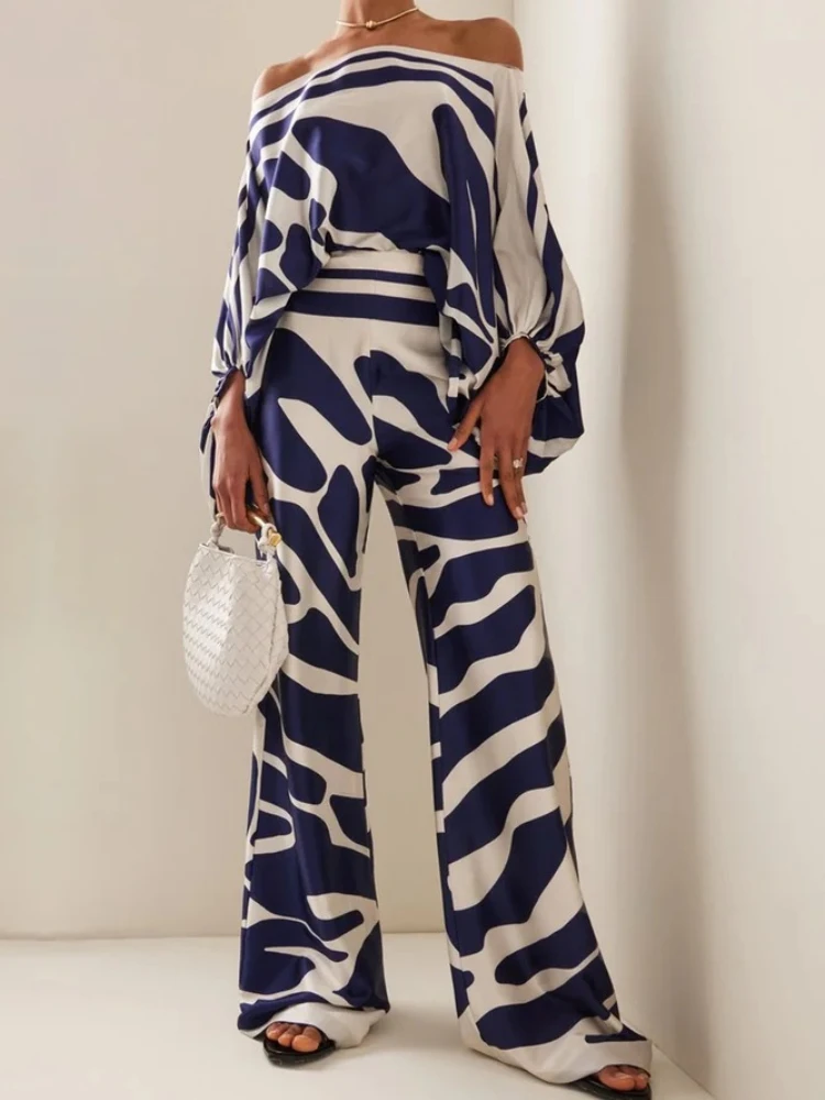 

Women's Printed Satin 2-piece Set, Off Shoulder Lantern Sleeve Top, Wide Leg Pants, Elegant Office Shirt Traf Official Store