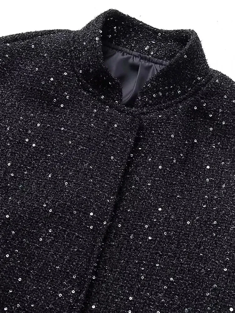 Gold Color Stand Collar Long Sleeve Short Coat Autumn Winter Ladies High Streetwear Nlzgmsj Women Shiny Sequin Jacket