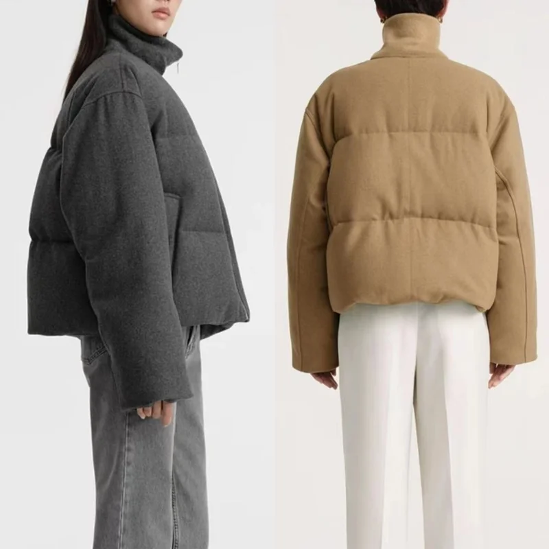 Women Niche 90% White Duck Down Coats Wool Blend Autumn Winter Ribbed Stand Collar Pocket Silhouette Jacket Warm Tops Puffer