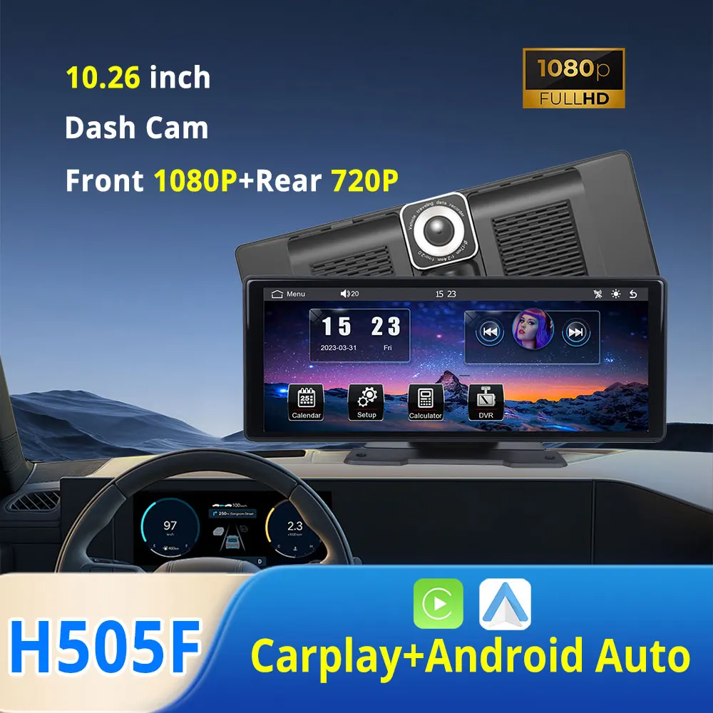 10.26 Inch Touch Carplay Screen 1080p Dash Cam DVR Car Screen Wireless Carplay Android Auto FM Phone Mirror Link Music Player