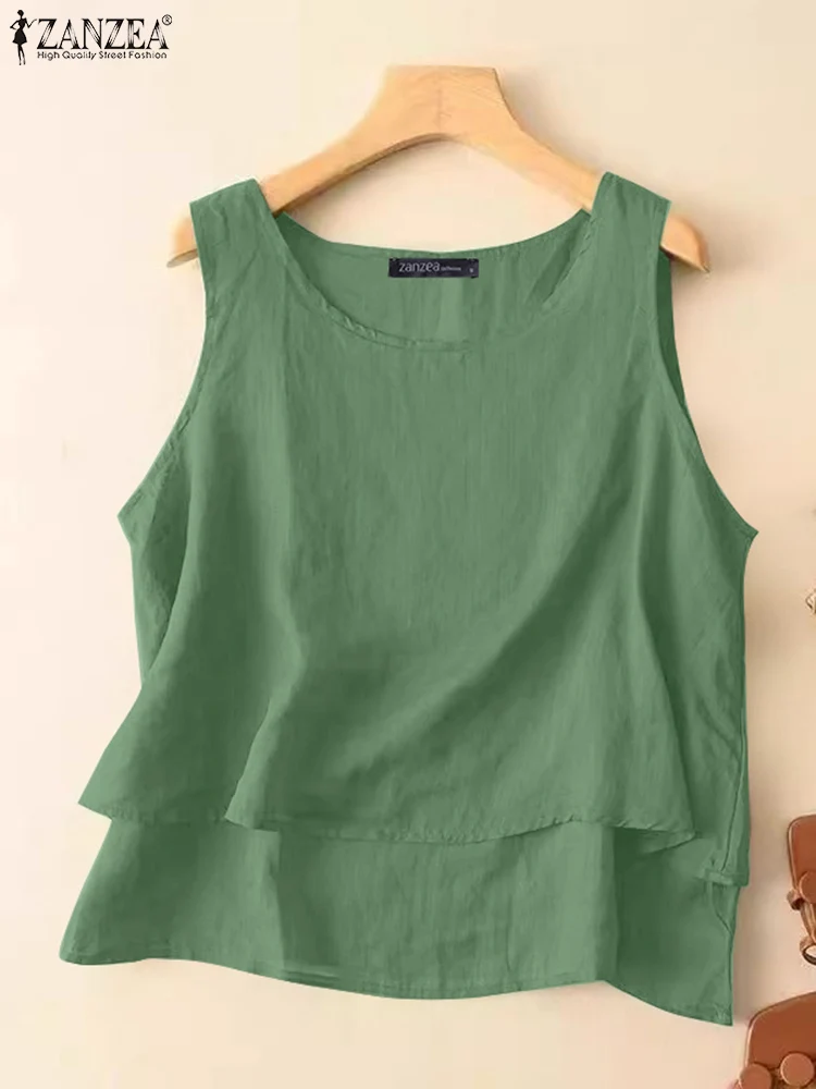 ZANZEA femmes été débardeurs hauts femme coton Camis solide sans manches Blouse décontracté col rond vacances chemise haut bas hauts surdimensionné