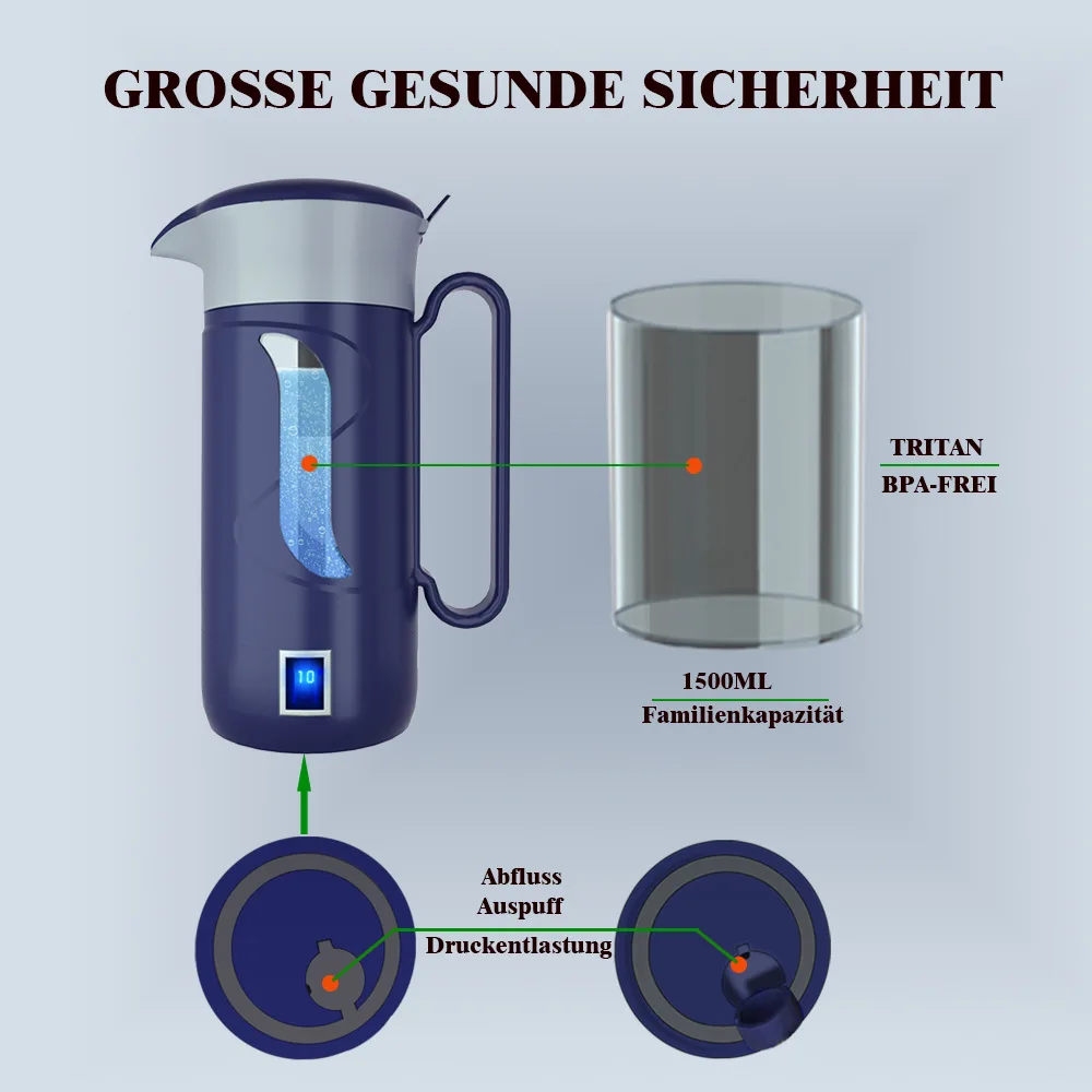 Fiole alcaline avec générateur d'hydrogène, bouilloire à hydrogène, supporter ficateur d'eau, électrolytique, faible, 1,5 l, 1500ml