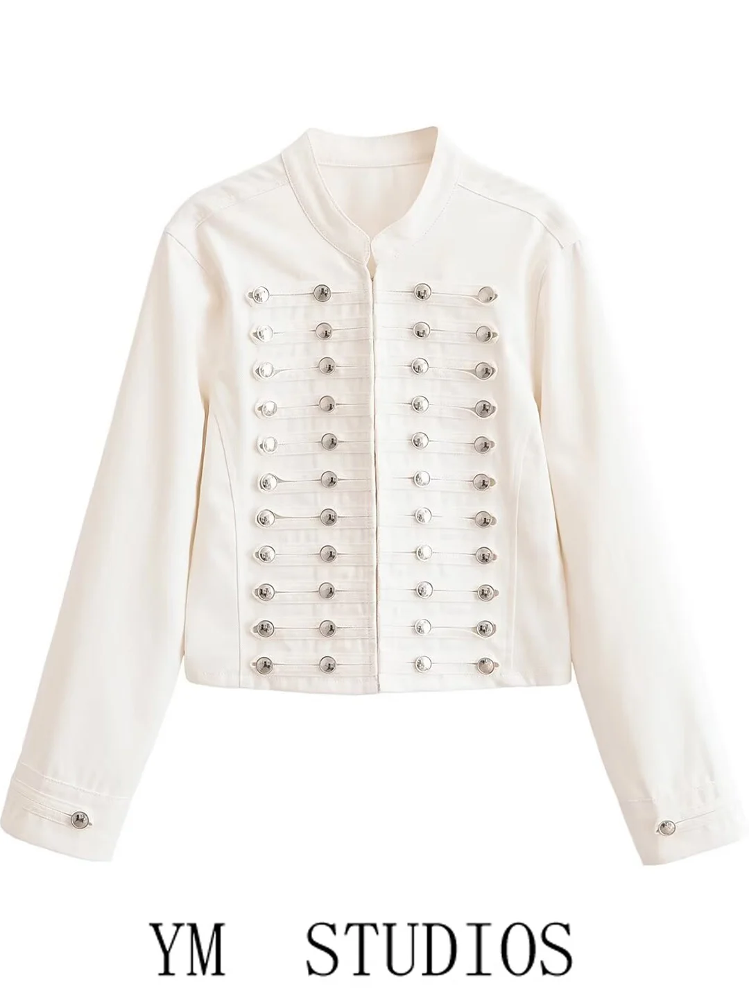 Women's Denim Jacket Button Detail Stand Collar Street Style Short Top Fashionable White Jeans Coat Female Model Photoshoot