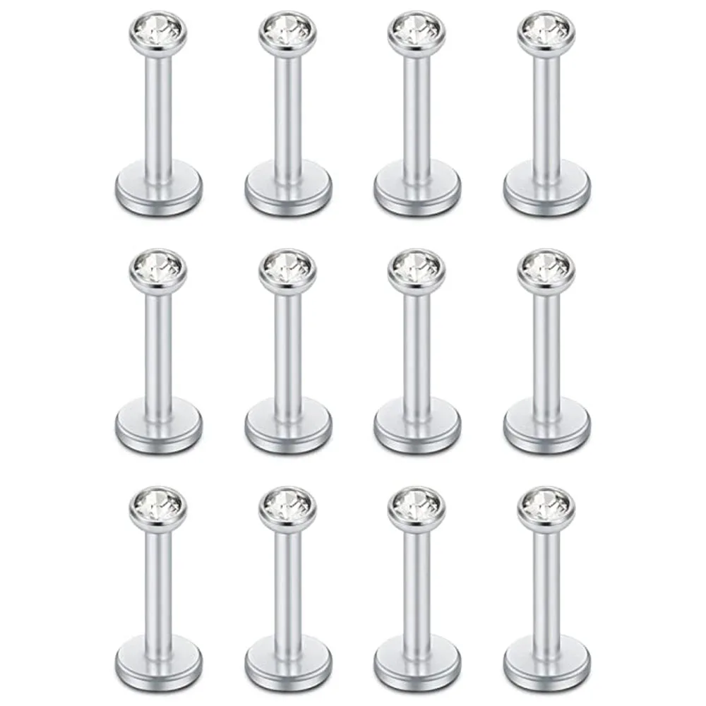 12PCS 16G CZ Internally Threaded Labret Monroe Lip Ring Tragus Nail Helix Earring Stud Piercing Jewelry Bar Length 6-12mm