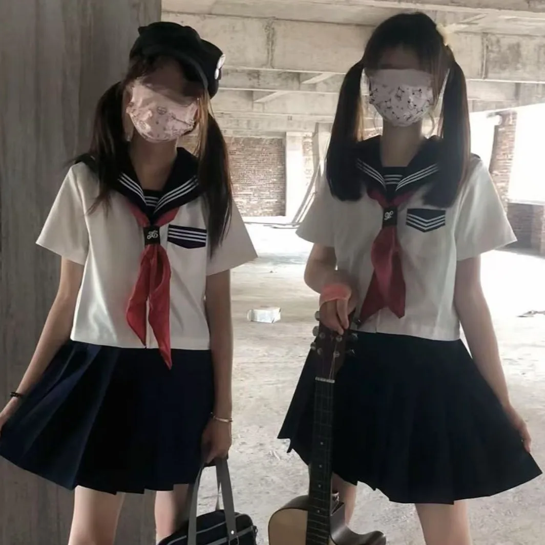 Plus Size Zomer JK orm ort Rok Set Kleine Basic Sle Matrozenpakje V-Ne ort Sve Rode Kraag Tweedelige set