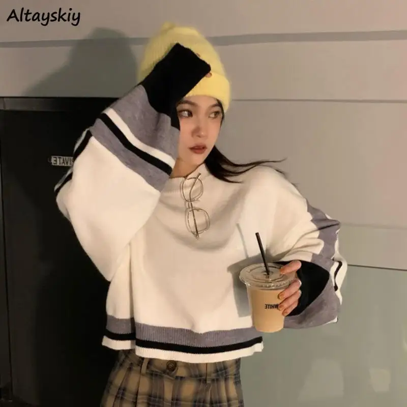 

Пуловеры женские с длинным рукавом, свободные, укороченные, в полоску, универсальный дизайн, элегантный, модный, для отдыха, Ulzzang Chic Pull Femme, женские, новые, повседневные