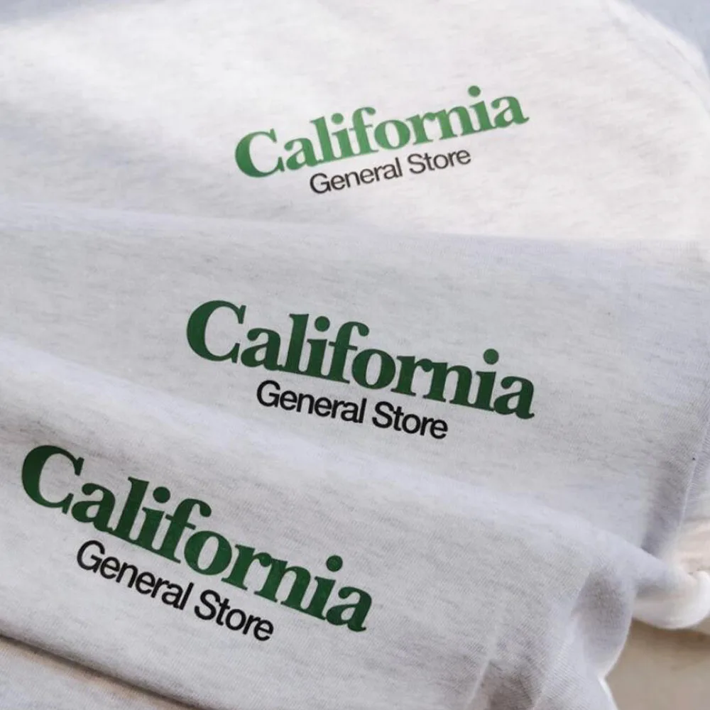 California General Store Pocket Letters Printing Women T Shirts Summer Light Gray Kpop Loose Cotton Tops Short Sleeve Y2K Tees