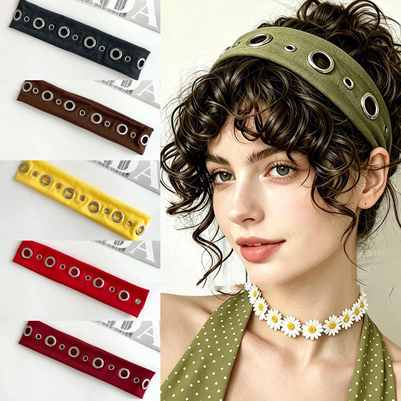 Women's Punk Style Hairband Rock Fabric Hollowed Out Eyelets Elastic Hairband Retro Sweet Cool Music Festival Solid Headband